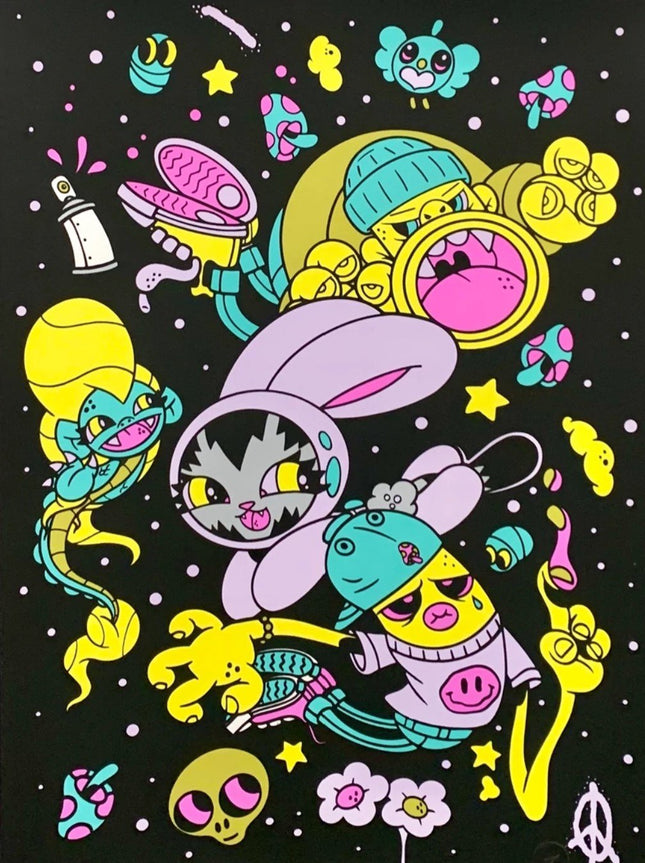 BunnyKitty DreamState Teal Silkscreen Print by Dave Persue