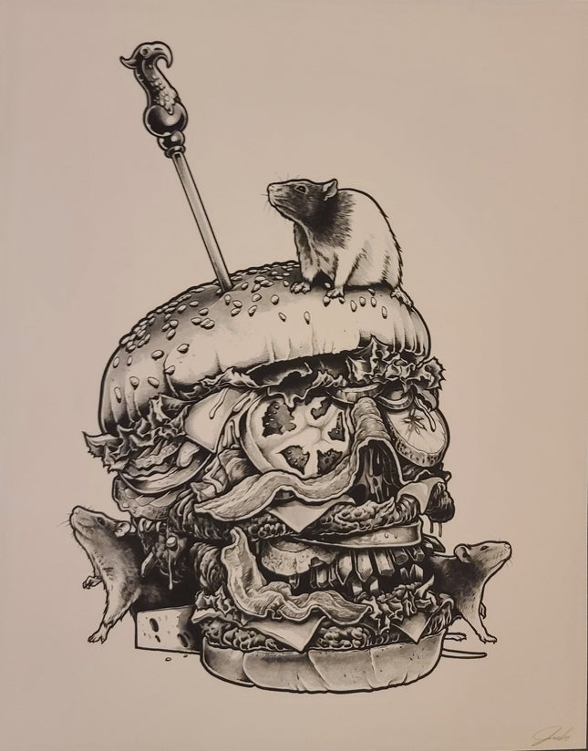 Burger Skull Monochrome Silkscreen Print by Joe King