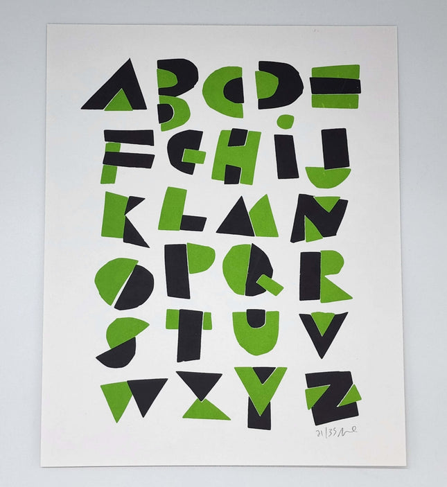 Hand Cut Alphabet Green Silkscreen Print by Nate Duval