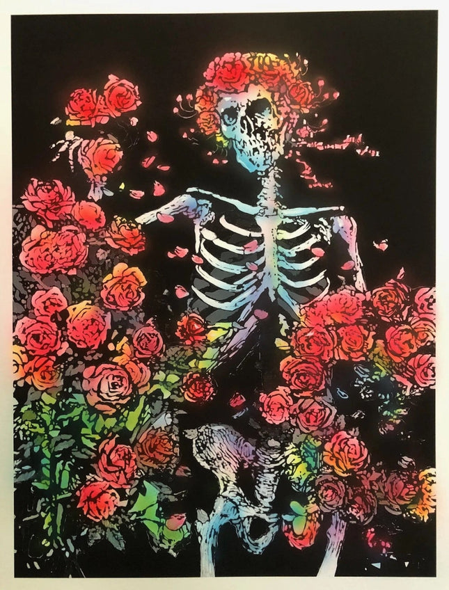 Skeleton and Roses Airbrushed HPM Silkscreen Print by Stanley Mouse