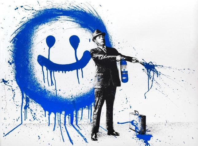 Spray Happiness Blue HPM Serigraph Print by Mr Brainwash- Thierry Guetta