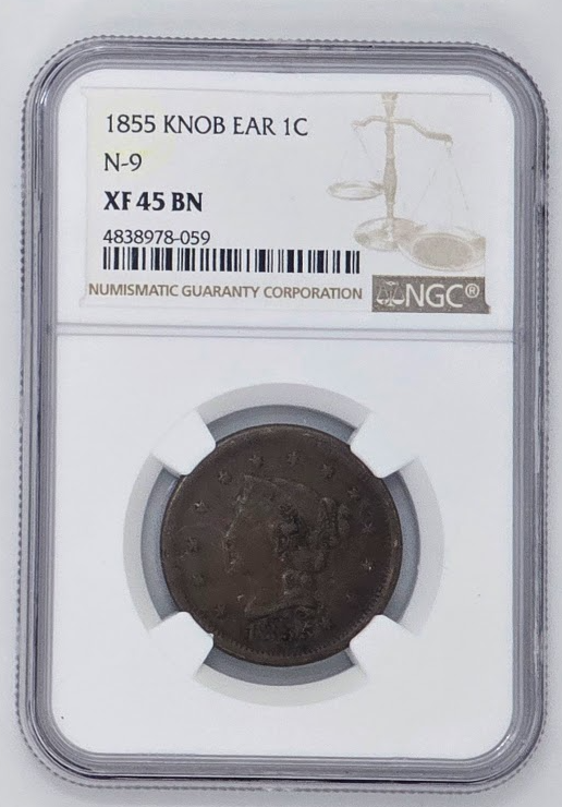 1855 1C- Knob on Ear XF45 BN | NGC Large Cent Penny Graded Coin