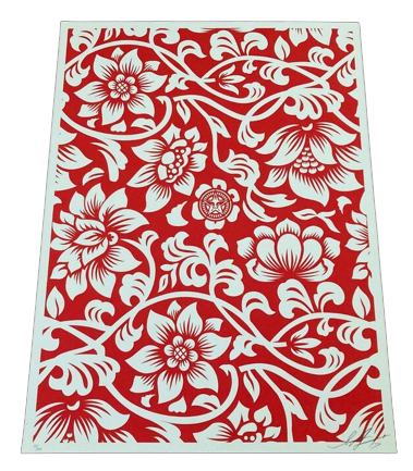 Estampado serigráfico Floral Takeover 2017 en crema y rojo de Shepard Fairey - OBEY