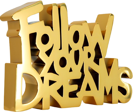 Escultura de resina pintada en oro cromado "Sigue tus sueños" de Mr Brainwash - Thierry Guetta