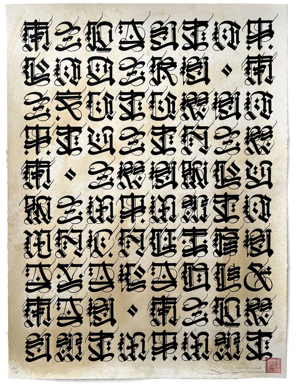 Serigrafía «Aquí y ahora», teñida de té, de Cryptik