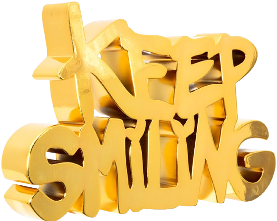 Sculpture en résine peinte en chrome doré « Keep Smiling » par Mr Brainwash - Thierry Guetta
