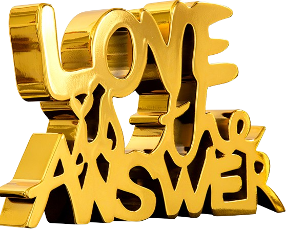 « Love Is The Answer », sculpture en résine peinte en or chromé par Mr Brainwash - Thierry Guetta