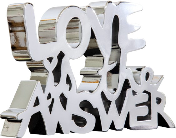 Love Is The Answer Chrome Silver Painted Resin Sculpture by Mr Brainwash- Thierry Guetta