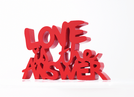 Love Is The Answer Chrome Gold Painted Resin Sculpture by Mr Brainwash- Thierry Guetta