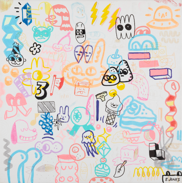 Scène de naïveté Époque 12 Dessin original au feutre sur toile par Blake Jones