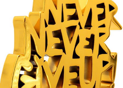 Never Never Give Up Chrome Gold Painted Resin Sculpture by Mr Brainwash- Thierry Guetta