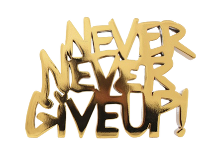 Never Never Give Up Chrome Gold Painted Resin Sculpture by Mr Brainwash- Thierry Guetta