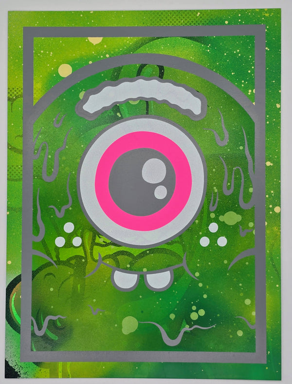 Icono rosa y verde de Mister Melty, pintado con pintura HPM, impresión acrílica serigráfica de Buff Monster