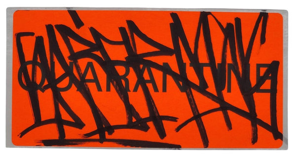 Quarantine Neon Orange Slap-Up Label Sticker Original Tag Art by Saber