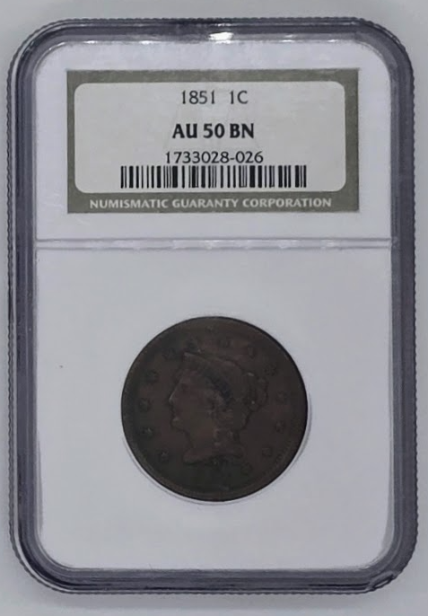 1851 1C- AU 50 BN | Large Cent Penny Graded Coin
