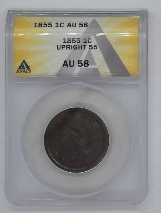 1855 1C- Upright 55 AU 58 | ANACS Large Cent Penny Graded Coin