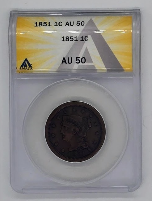 1851 1C- AU 50 | ANACS Large Cent Penny Graded Coin