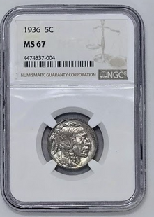 Pièce de cinq cents Buffalo Nickel de 1936 (5C- MS 67) certifiée NGC