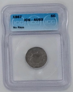 1867 No Rays 5C- AU 53 | IGC Five Cents Shield Nickel Graded Coin