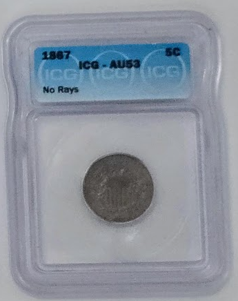 1867 No Rays 5C- AU 53 | IGC Five Cents Shield Nickel Graded Coin