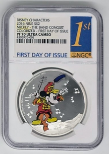 2016 Mickey Band Concert Colorized Niue Silver Dollar- PF 70 UC | Graded Coin
