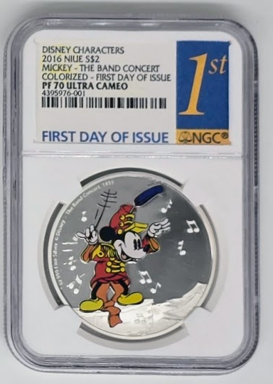 2016 Mickey Band Concert Colorized Niue Silver Dollar- PF 70 UC | Graded Coin