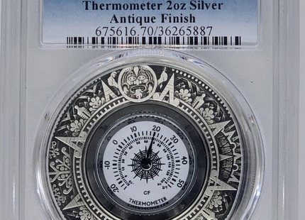 Thermomètre Tuvalu 2018, 2 oz, argent, finition antique - PR 70 | Pièce certifiée