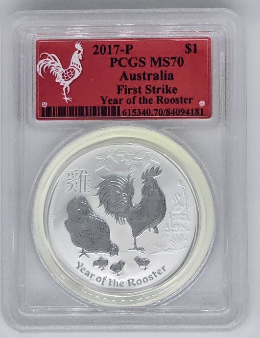 2017 P $1 Australia Year of the Rooster- MS 70 | PCGS 1 Silver Dollar Graded Coin