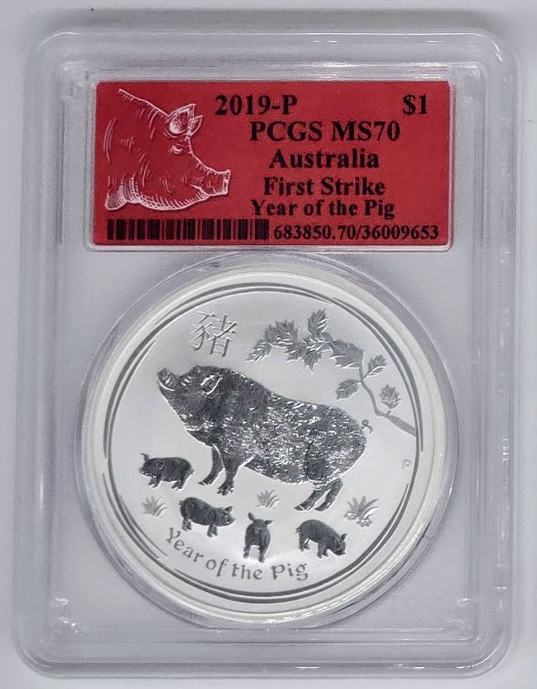 2019 P $1 Australia Year of the Pig- MS 70 | PCGS 1 Silver Dollar Graded Coin