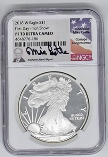 Dólar de Plata American Eagle 2018 firmado - PF 70 Ultra Cameo Fun Show | Moneda calificada