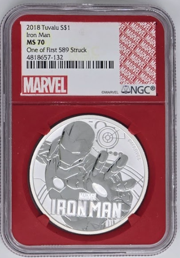 Dollar en argent Iron Man de Tuvalu 2018 - MS 70 | Pièce certifiée Marvel par NGC