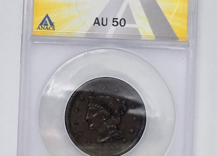 Moneda de centavo grande ANACS de 1851 1C- AU 50 | Calificación de centavo