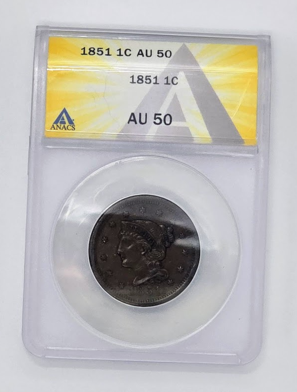 1851 1C- AU 50 | ANACS Large Cent Penny Graded Coin