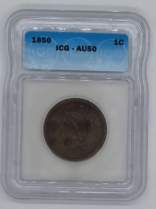 1850 1C- AU 50 | ICG Large Cent Penny Graded Coin