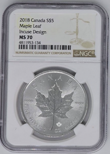 Diseño de hoja de arce 2018, $5-MS 70 | Moneda de plata canadiense de grado académico