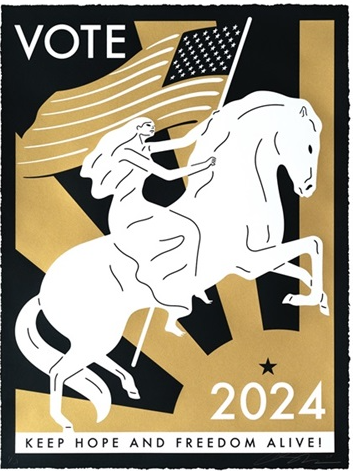 Votez pour que l'espoir et la liberté perdurent. Illustration noire et or de Cleon Peterson