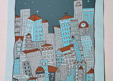 City At Night Blue Silkscreen Print by Nate Duval