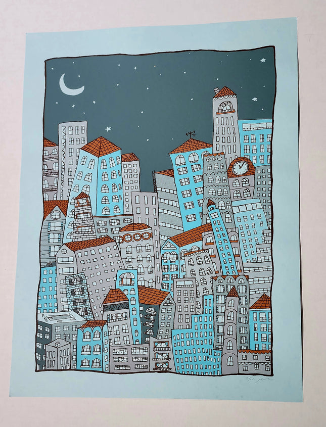City At Night Blue Silkscreen Print by Nate Duval