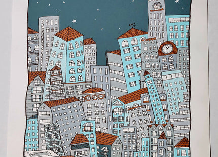 City At Night Silkscreen Print by Nate Duval