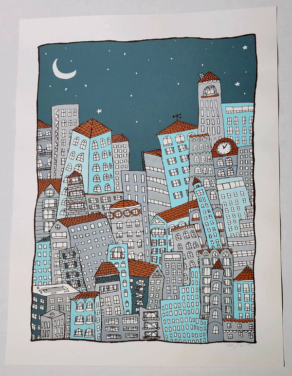 City At Night Silkscreen Print by Nate Duval