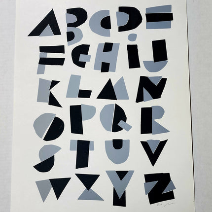 Hand Cut Alphabet Gray Black Silkscreen Print by Nate Duval