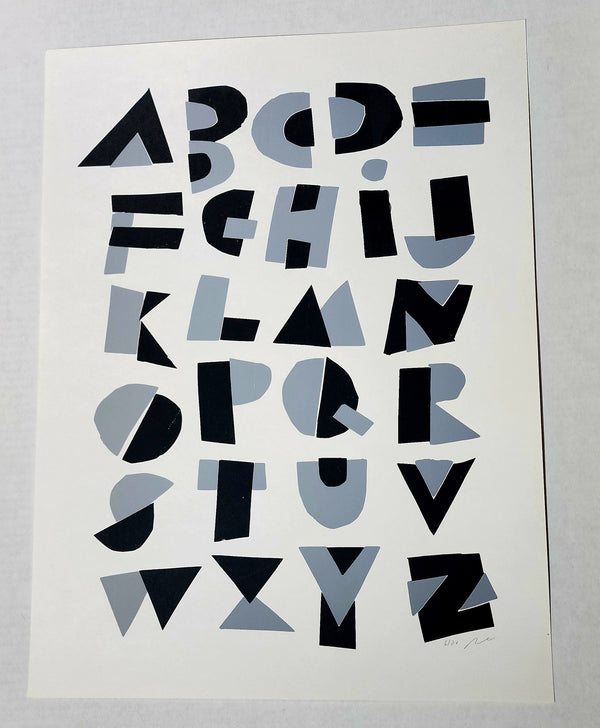 Hand Cut Alphabet Gray Black Silkscreen Print by Nate Duval