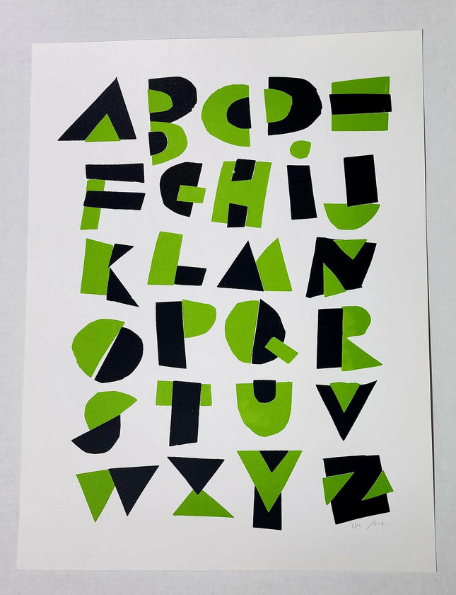 Hand Cut Alphabet Lime Green Silkscreen Print by Nate Duval