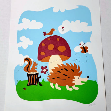 Happy Mushroom Porcupine Squirrel Silkscreen Print by Nate Duval