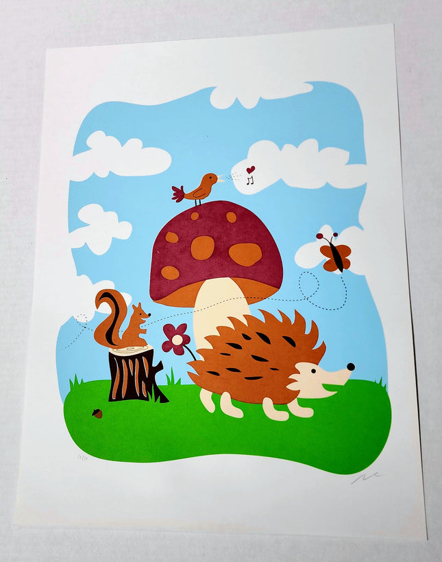 Happy Mushroom Porcupine Squirrel Silkscreen Print by Nate Duval