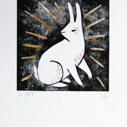 Lucky White Rabbit HPM Lithograph Print by Jen Collins