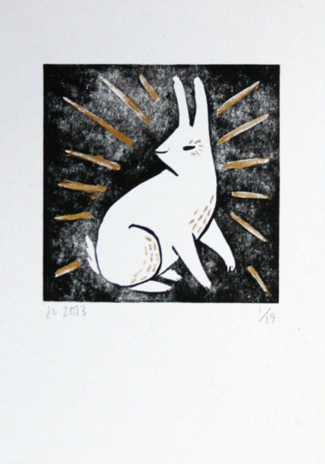 Lucky White Rabbit HPM Lithograph Print by Jen Collins