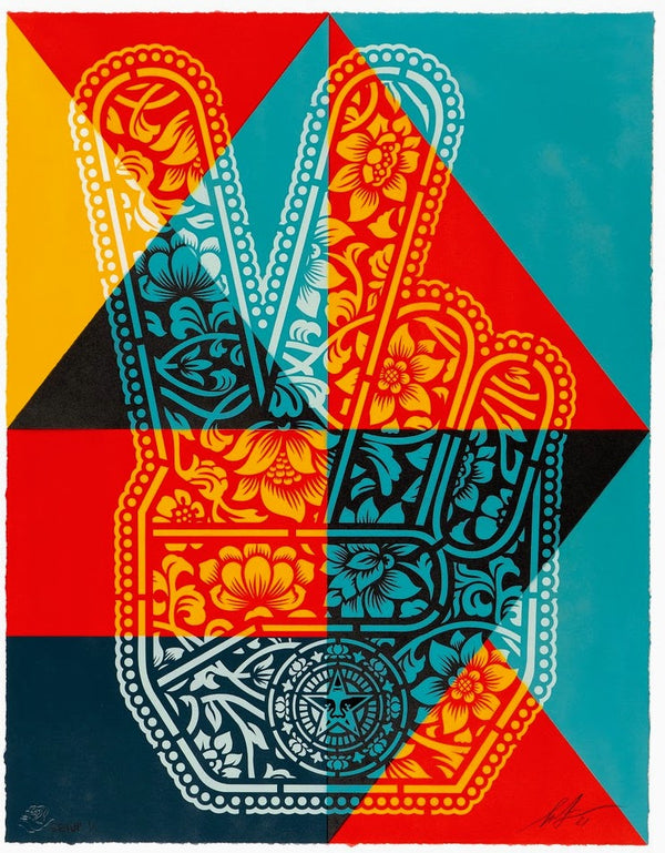 Peace Fingers Geometric Setup Original Stencil Painting by Shepard Fairey x Ernesto Yerena Montejano