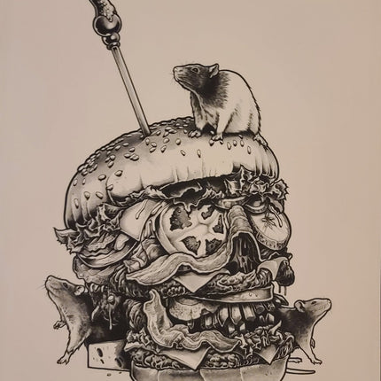 Burger Skull Monochrome Silkscreen Print by Joe King