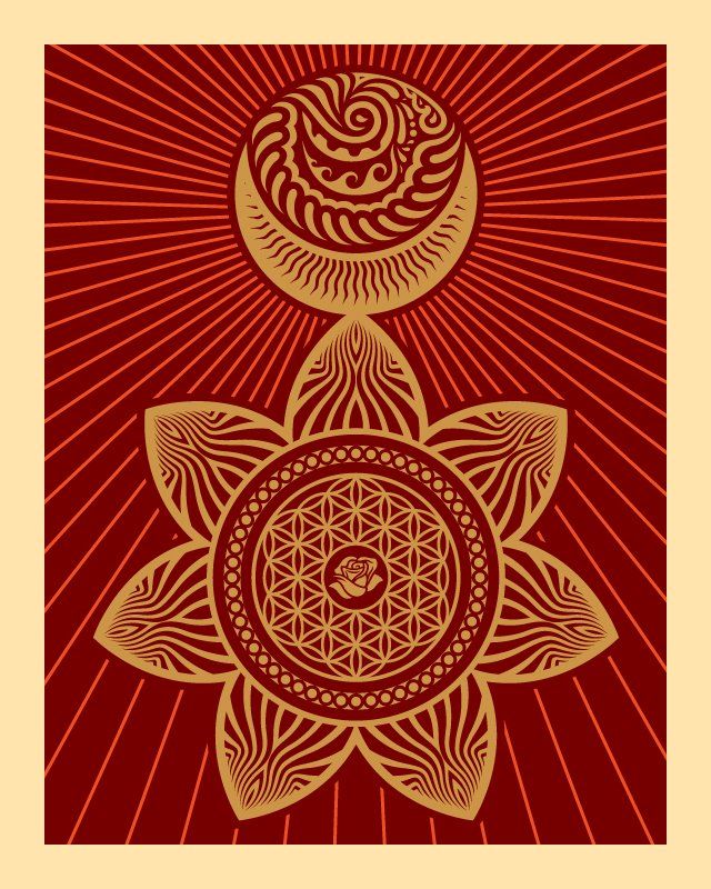 Ganas Sun Moon Red Gold Silkscreen Print by Ernesto Yerena Montejano- Hecho Con Ganas